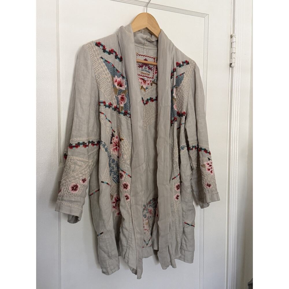 Johnny Was JW Los Angeles Embroidered Jacket Sweater Linen Boho Kimono Rose Sz L